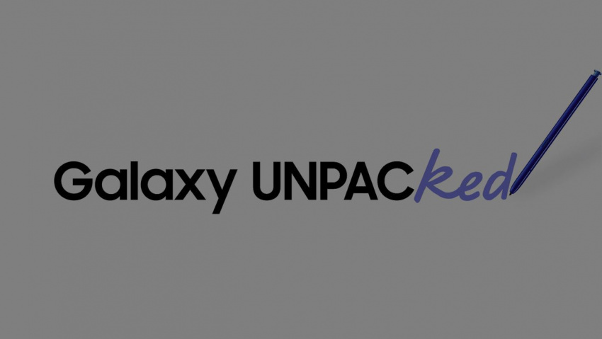 Graphic text that says Galaxy UNPACKED. The KED in making looks handwritten, as if the blue S Pen next to it wrote it down.